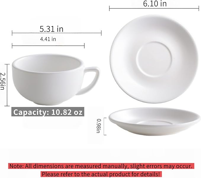 Ceramic Latte Mug, 10.82oz Barista Cup with Saucer, 7mm Thickened Rim Ceramic Cappuccino Cup, Vintage Latte Art Mug for Home & Café (Bright White)
