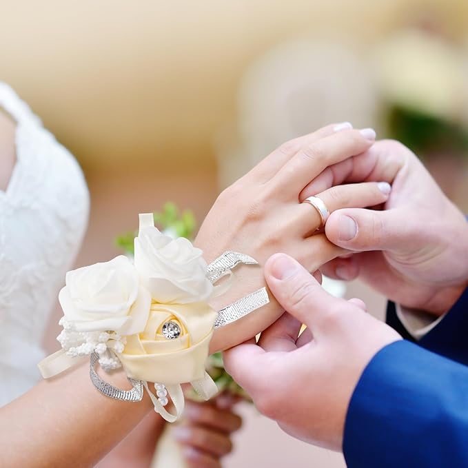 Zeyune 18 Pcs Wrist Corsages for Prom Wedding Artificial Rose Wristlet Corsage Hand Flower for Mother of Bride and Groom, Bridal, Bridesmaid Wedding Supplies(White)