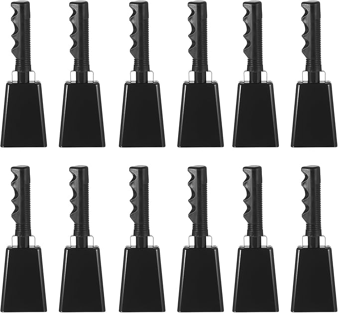 PATIKIL 9inch Cow Bells for Football Games, 12pcs Cowbells for Sporting Events Bulk Loud Noise Makers Metal Cow Bell with Handle for Cheering Competition Marathon Wedding DIY Paint, Black