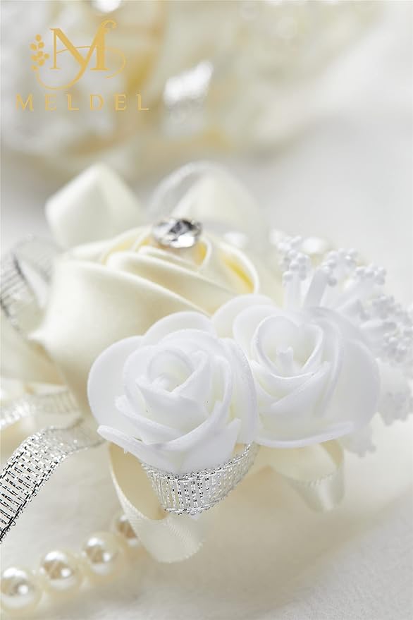 Meldel Wedding Wrist Corsages, 4pcs/Set Beige Ivory White Rose Pearl Bracelet Corsage for Bridal Bridesmaid, Mother of Bride Wrist Flower On Wrist Wedding Prom Party Homecoming Anniversary