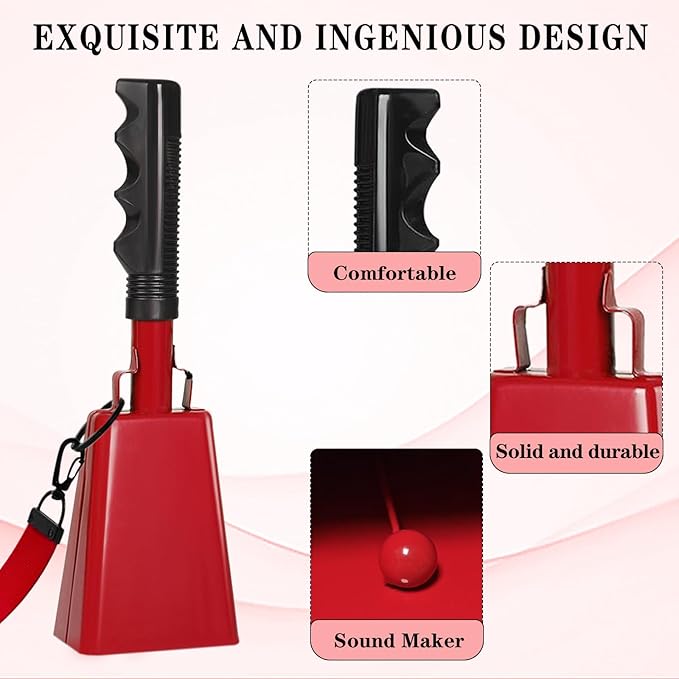 10inch Metal Cowbells with Handle, 1Pcs Cow Bells with Wrist Strap for Sporting Events, Football Games,Party, Concert, Graduations, Farm Ranch, Red