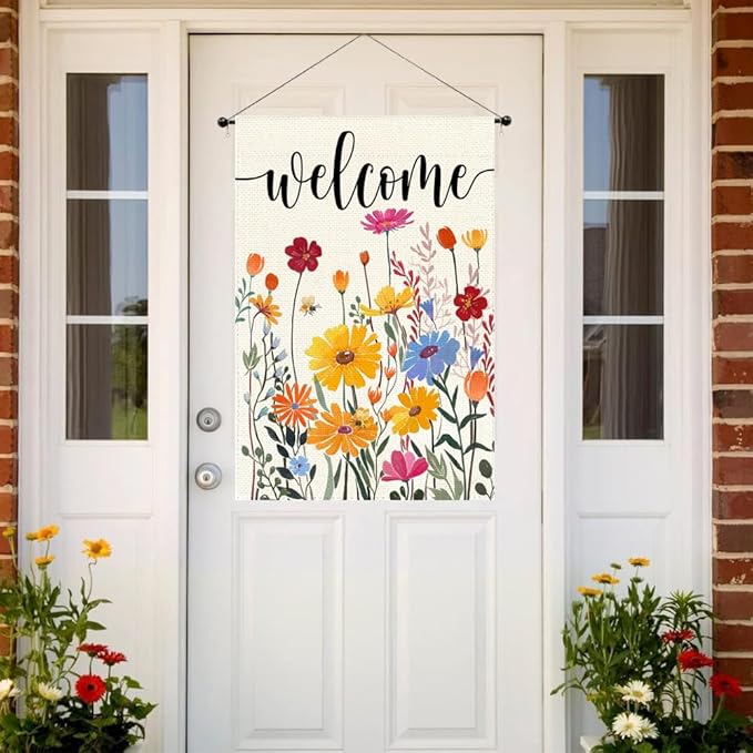 ARGOOFG Spring Summer House Flag 28x40 Inch Double Sided Outside Welcome Wildflower Daisy Floral Outdoor Seasonal Decorative Large Garden Flag Decor 1-28