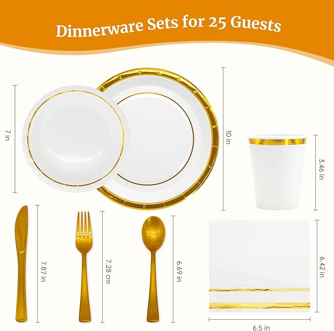 AIRE 175PCS White Gold Paper Plates Party Supplies Dinnerware Sets for 25 Guests, Disposable Paper Party Plates, Cups and Napkins, Gold Plastic Forks Knives Spoons for Wedding Birthday BBQ Parties