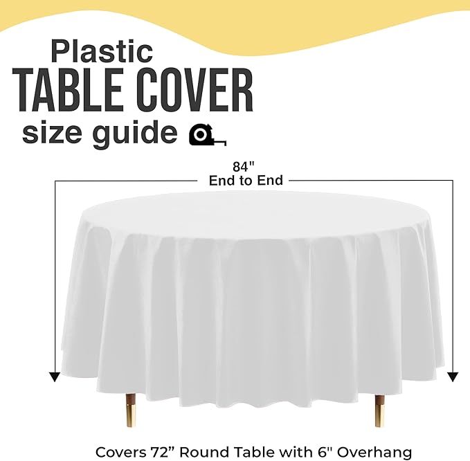 Exquisite 66% Thicker Premium White Round Tablecloth 0.5 Mil 24 Pack Plastic Table Cloth Disposable 84 Inch Round Plastic Tablecloth Won't Tear Easily Like Cheap Thin Brands