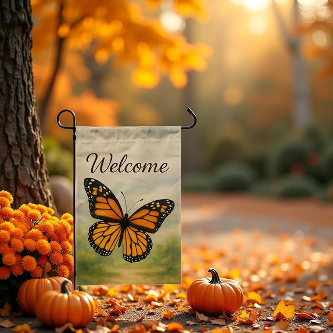 FLAGMEUP8386 Welcome Monarch Butterfly Garden Flag 12x18 Inch Double-Sided Polyester Yard Banner with Bright Wings, Outdoor Decorative Flag for Garden, Patio, Porch, Families, Seasonal Celebrations