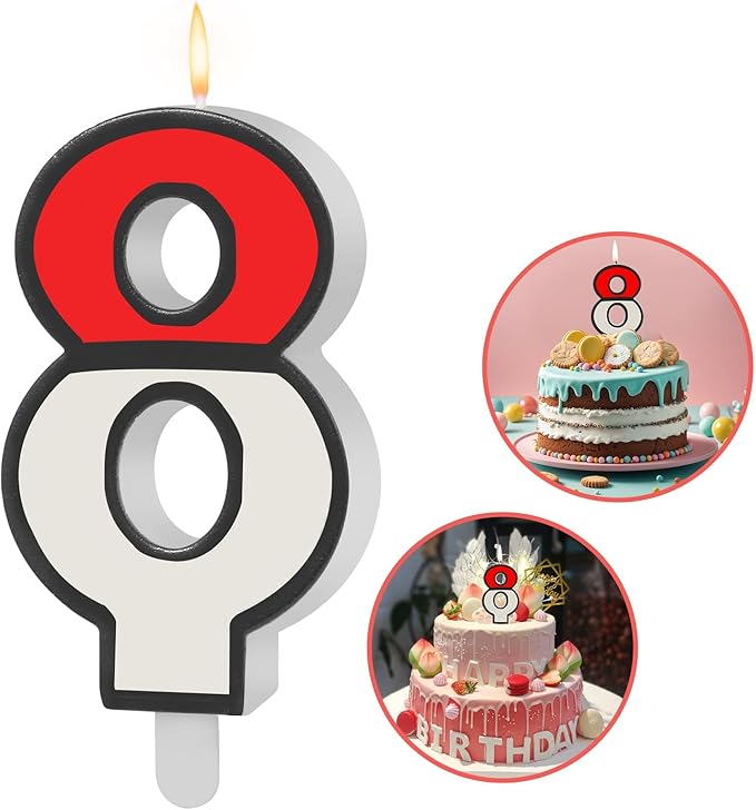Number 8 Candle Cartoon Red and White Birthday Cake Candle Numeral Birthday Cake Topper for Cartoon Animated Birthday Decoration Party Supplies (Number 8)