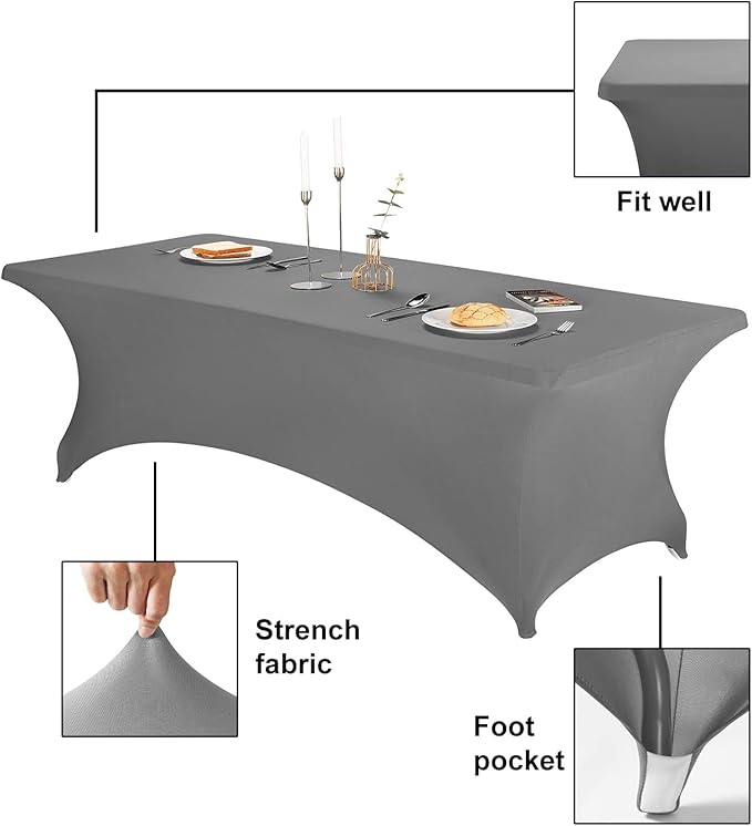 FORLIFE Spandex Table Cover - Fitted 8ft Rectangular Tablecloth, Stretch Patio Cover, Universal for Wedding, Banquet, Party (Gray)