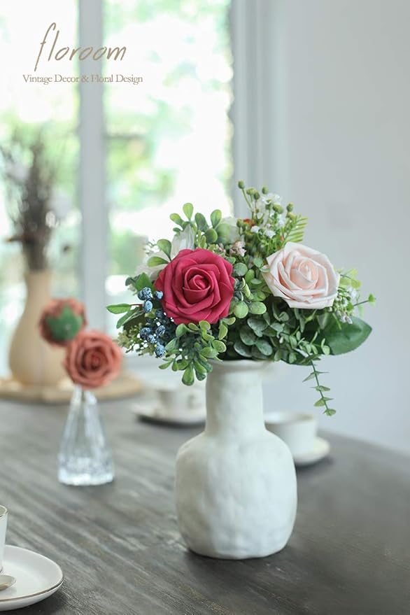 Floroom Artificial Flowers 25pcs Real Looking Fuchsia Foam Fake Roses with Stems for DIY Wedding Bouquets Bridal Shower Centerpieces Floral Arrangements Party Tables Home Decorations