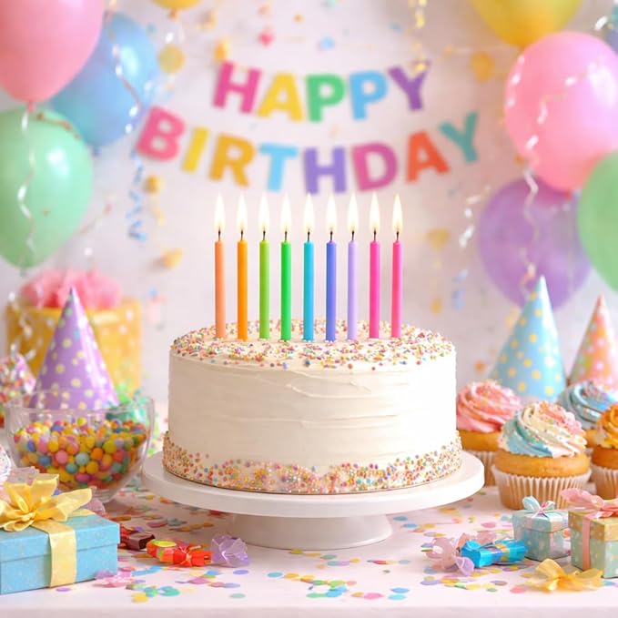 by Tugba Aydan - Rainbow Birthday Candles - 24 Count Long Thin Rainbow Birthday Candles for Cake, Metallic Cake Candle for Birthday, Party Candles