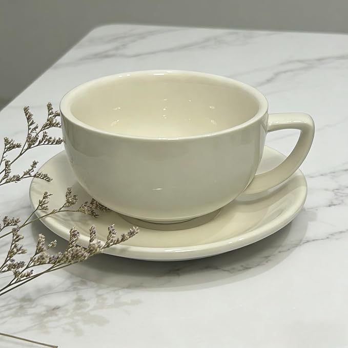 Ceramic Latte Mug, 10.82oz Barista Cup with Saucer, 7mm Thickened Rim Ceramic Cappuccino Cup, Vintage Latte Art Mug for Home & Café (Bright White)