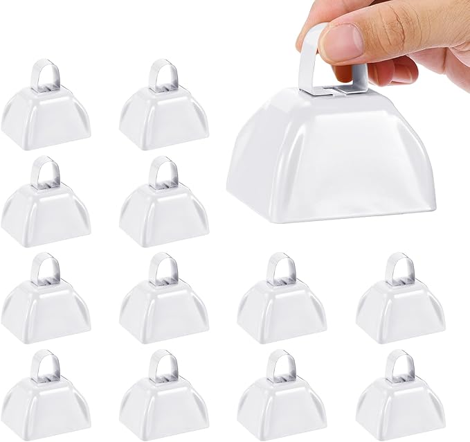 PATIKIL 3inch Cow Bells for Football Games, 12pcs Cowbells for Sporting Events Bulk Loud Noise Makers Metal Cow Bell with Handle for Cheering Competition Marathon Wedding DIY Paint, White