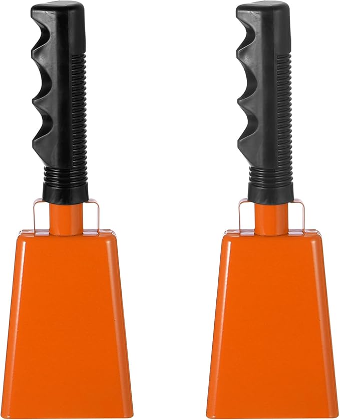 PATIKIL 9inch Cow Bells for Football Games, 2pcs Cowbells for Sporting Events Bulk Loud Noise Makers Metal Cow Bell with Handle for Cheering Competition Marathon Wedding DIY Paint, Orange
