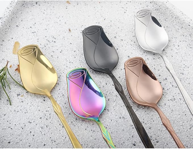 Stainless Steel Spoon Set - 5 Pack, Rose Flower & Dessert Spoons, Cute (Colorful)