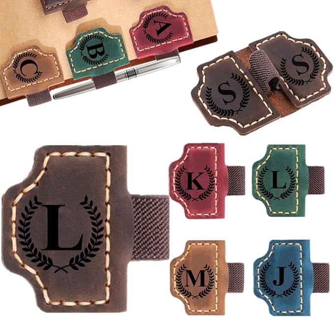 Custom Bookmark with Pen Holder with 26 Letters Personalized Magnetic Leather Book Mark, Customized Name Book Marker Clip with Initial for Men Women, Gifts for Book Lovers, Readers, (Coffee, L)