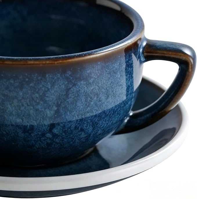 Ceramic Latte Mug, 10.82oz Barista Cup with Saucer, 7mm Thickened Rim Ceramic Cappuccino Cup, Vintage Latte Art Mug for Home & Café (Kiln Transmutation Blue)