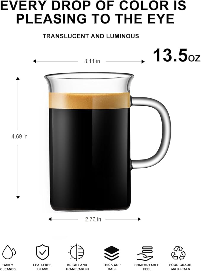 LUXU Glass Coffee Mugs 16 oz,Set of 2 Large Glass Coffee Cups Clear Tea Cups,Iced Coffee Glasses,Lead-Free Drinking Glasses for Water,Cappuccino,Latte,Cereal,Yogurt,Milk-Flat Bottomed Design