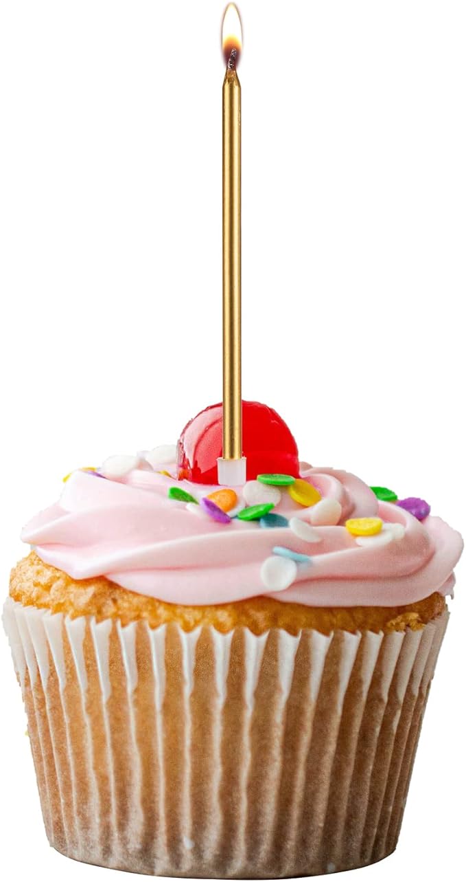 Long Thin Gold Birthday Candles for Cake Cupcake Candle for Birthday Party Wedding Decorations, Jumochi (24 Count, Gold)