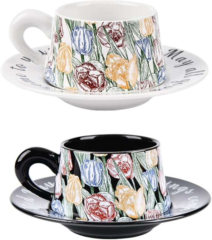 Tea Cup and Saucer Set of 2,Bone China Tulip Ceramic Coffee Cup Gift Set with Box，Latte Mug for Mother's Day Gifts（8.95 oz）