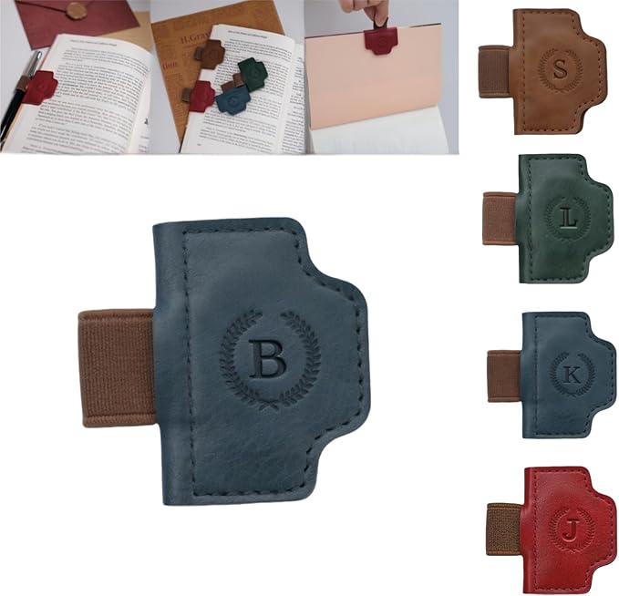Personalized Magnetic Bygone Mark Bookmark with Pen Holder, 26 Letters Name Initial Custom Leather Book Mark for Women, Gifts for Book Lovers and Readers (Blue,B)