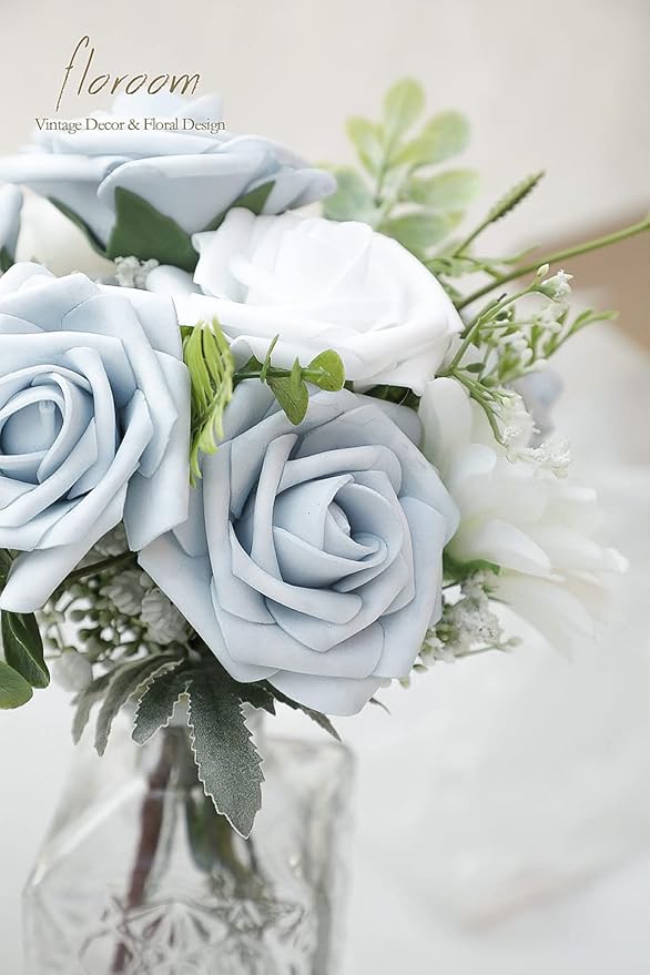 Floroom Artificial Flowers 25pcs Real Looking Powder Blue Foam Fake Roses with Stems for DIY Wedding Bouquets Bridal Shower Centerpieces Floral Arrangements Party Tables Home Decorations