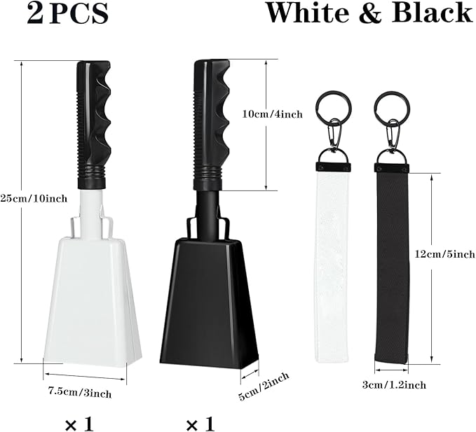 10Inch Cowbells Set with Handle for Sporting Events, 2Pcs Large Cow Bells with Wrist Straps, Loud Noise Makers for Football Games Spirit Marathon Weddings Party Noisemakers, White & Black