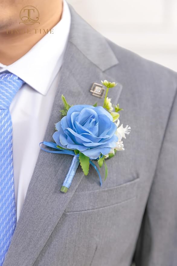 TINGE TIME Boutonniere for Men Wedding,Groom and Best Man Boutonniere for Wedding Ceremony Anniversary, Formal Dinner Party and Rustic Summer Weddings Marriage (Provence Blue)