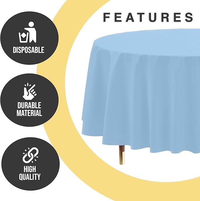 Exquisite 66% Thicker Premium Light Blue Round Tablecloth 0.5 Mil 12 Pack Plastic Table Cloth Disposable 84 Inch Round Plastic Tablecloth Won't Tear Easily Like Cheap Thin Brands
