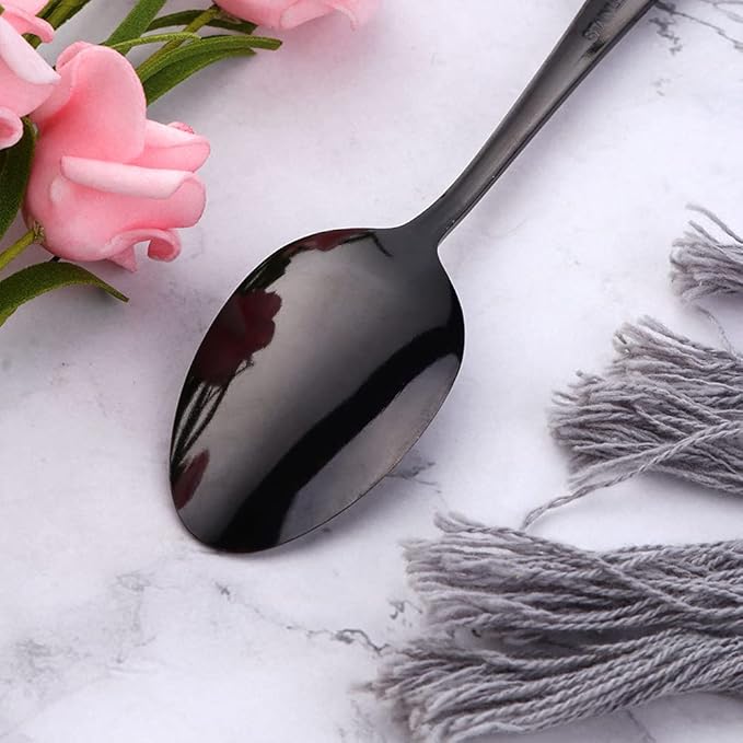 Black Unique Pattern Design Coffee Espresso Spoons Mini, Mingcheng Stainless Steel Small Teaspoons Silverware Set of 6, BISDARUN 5.5 Inches Food Spoons for Demitasse Dessert Tea