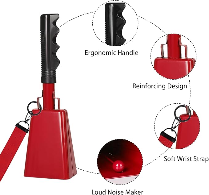 10Inch Cowbells with Handle for Sporting Events, 2Pcs Large Cow Bells with Wrist Straps, Loud Noise Makers for Cheering Football Games Spirit Marathon Weddings Party Noisemakers, Red