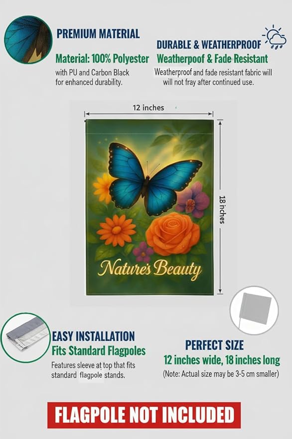 FLAGMEUP8386 Welcome Butterfly Garden Flag 12x18 Inch Double-Sided Polyester Yard Banner with Blue Morpho Autumn Flowers, Fall Flag for Thanksgiving Harvest Outdoor Decor, Porch, Lawn