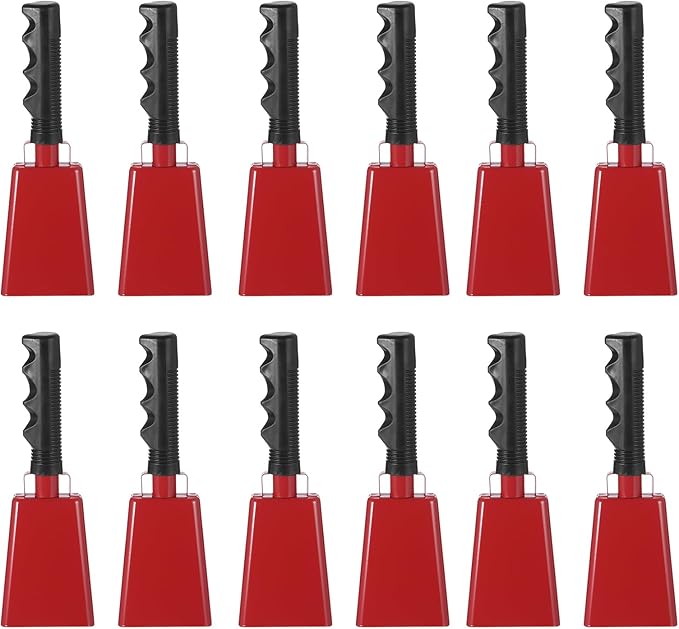 PATIKIL 9inch Cow Bells for Football Games, 12pcs Cowbells for Sporting Events Bulk Loud Noise Makers Metal Cow Bell with Handle for Cheering Competition Marathon Wedding DIY Paint, Red
