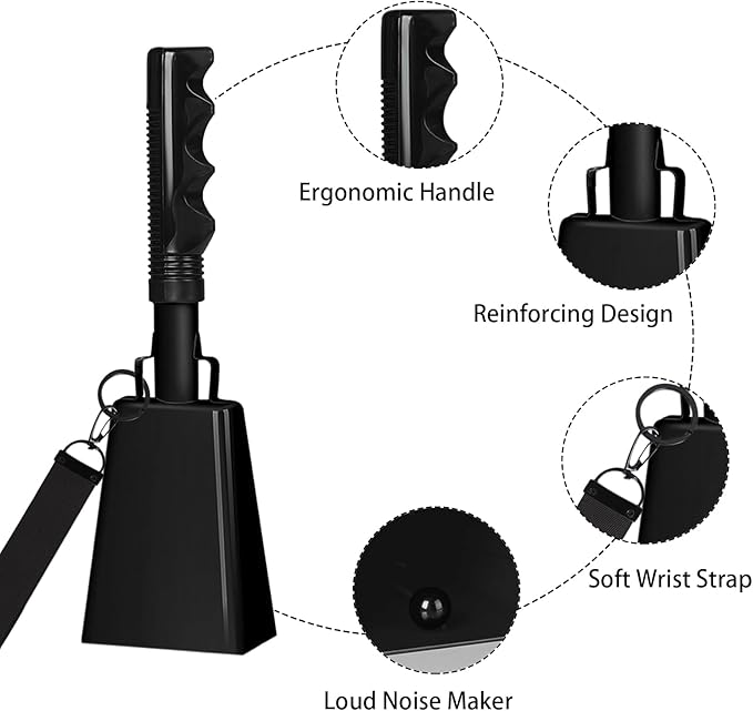 10Inch Cowbells with Handle for Sporting Events, 2Pcs Large Cow Bells with Wrist Straps, Loud Noise Makers for Cheering Football Games Spirit Marathon Weddings Party Noisemakers, Black