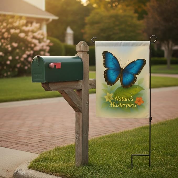 FLAGMEUP8386 Welcome Butterfly Garden Flag 12x18 Inch Double-Sided Polyester Yard Banner with Blue Morpho Tropical Leaves, Fall Flag for Seasonal Garden Decoration with Nature’s Masterpiece Quote