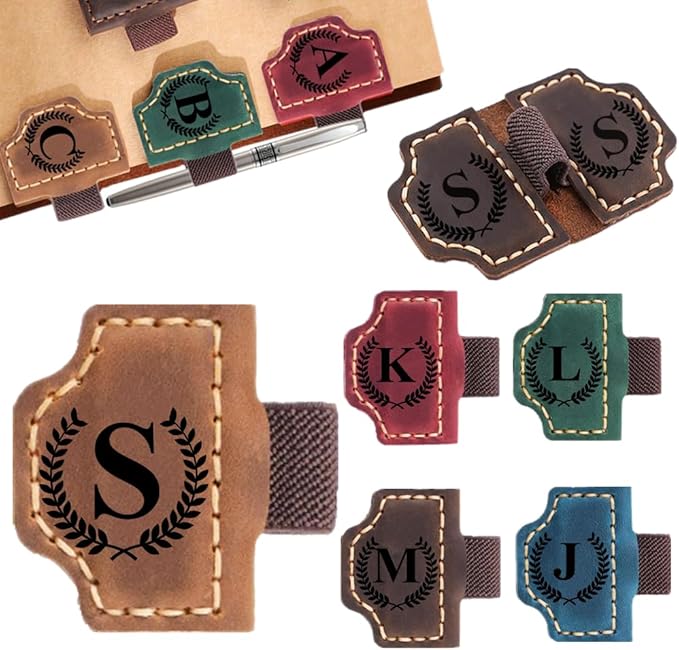 Custom Bookmark with Pen Holder with 26 Letters Personalized Magnetic Leather Book Mark, Customized Name Book Marker Clip with Initial for Men Women, Gifts for Book Lovers, Readers, (Brown, S)