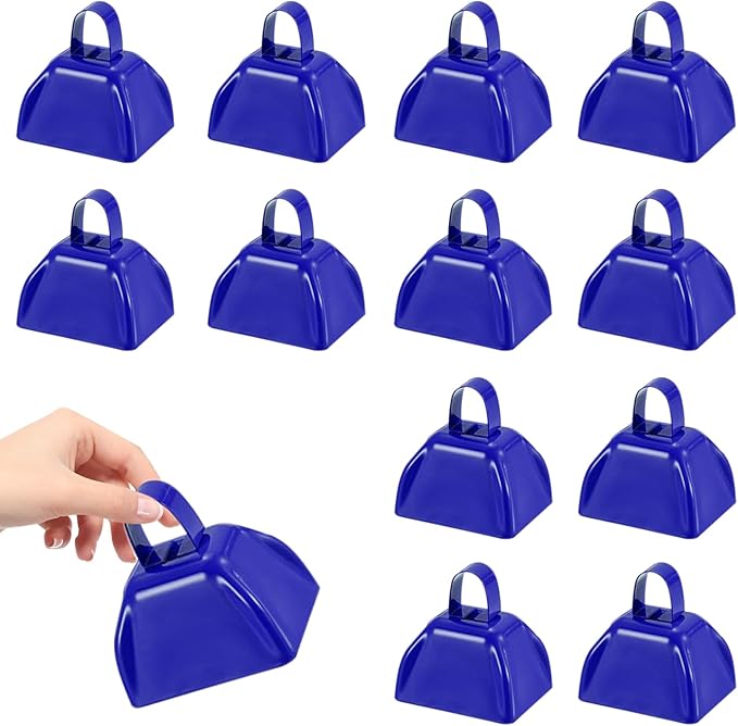 3Inch Cowbells for Sporting Events,12Pcs Metal Cow Bells Bulk Loud Noise Makers Cow Bell with Handle for Cheering Football Games Spirit Marathon Weddings Party Noisemakers, Blue