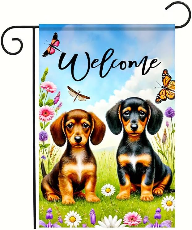 BlissYard Welcome Garden Flag Double Sided 12x18 Inch Dachshund Butterfly Seasonal Spring Small Flags For Outside Outdoor Decor Yard Farmhouse Holiday Spring Summer Decorations Yard Flags