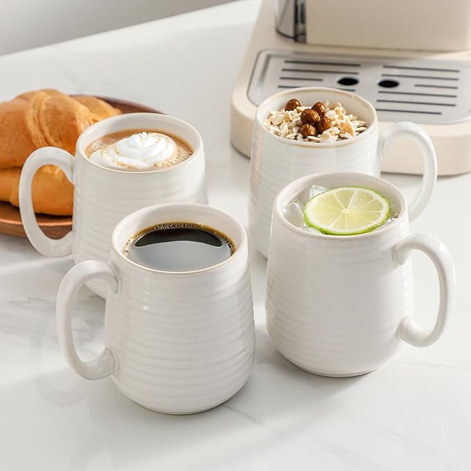 JINGUS Coffee Mugs,15oz Ceramic Coffee Cups for Hot Tea, Cappuccino, Latte, Cocoa, Milk, Mug Set for Women and Men as Holiday Gifts, Dishwasher and Microwave Safe, Set for 4, Arctic White