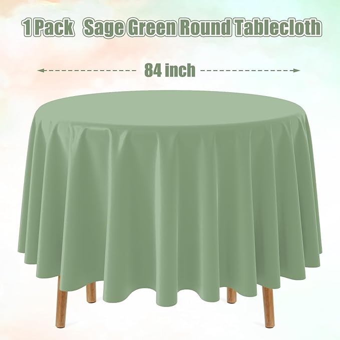 1Pcs Sage Green Plastic Tablecloths Round Light Green Tablecloth Waterproof Disposable Round Sage Table Cover for Birthday Bridal Wedding Baby Shower Party Decorations,84Inch