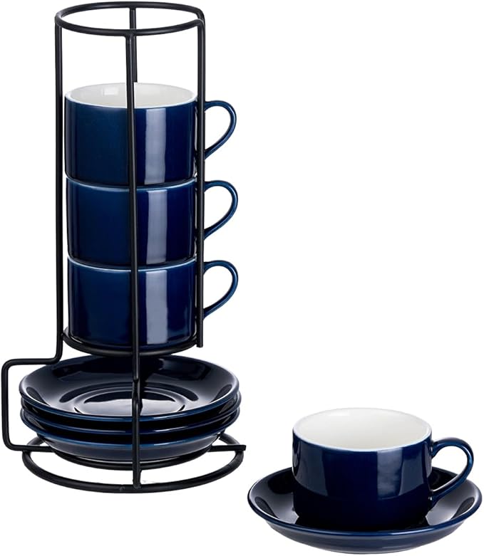 2.5oz Espresso Cups Set of 4, Porcelain Stackable Espresso Cups with Saucers and Metal Stand Set, Blue Expresso Shots Cup Set for Cappuccino, Coffee Drinks, Latte, Tea