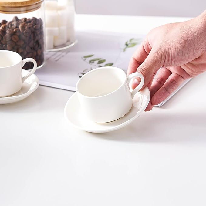 2.5oz Espresso Cups Set of 4, Porcelain Stackable Espresso Cups with Saucers and Metal Stand Set, White Expresso Shots Cup Set for Cappuccino, Coffee Drinks, Latte, Tea