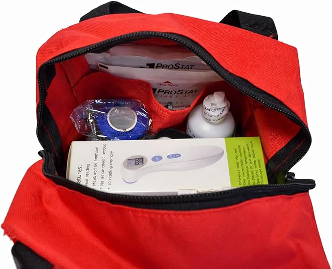 ProStat First Aid Deluxe Home Emergency First Aid Bag – Compact 8" x 8" x 7" Red First Aid Kit with Gauze Pads, ABD Pads, Burn Dressing, Eye Wash & Infrared Forehead Thermometer - 104 Pieces