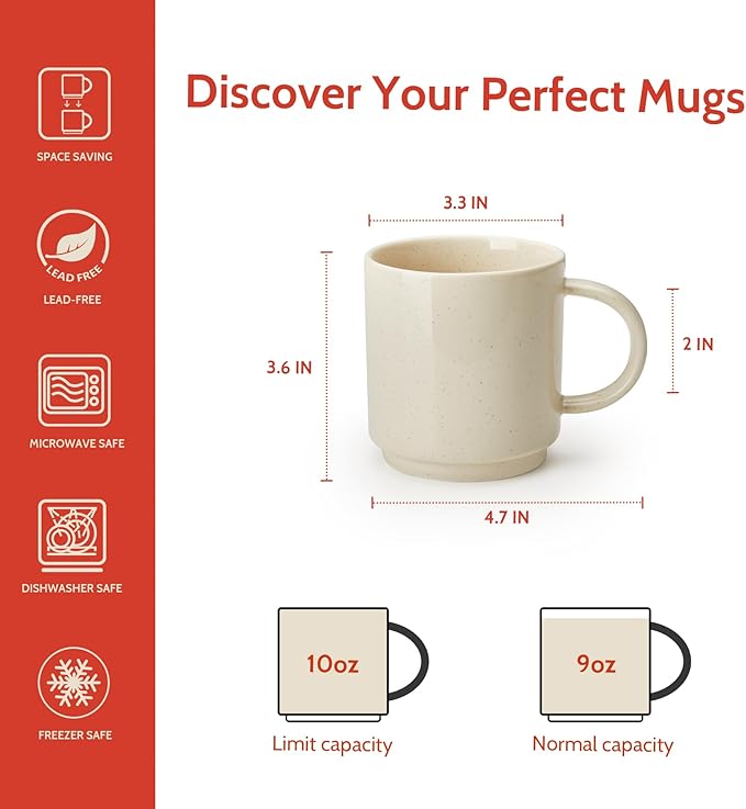Sweese Stackable Coffee Mugs - 10 Oz Porcelain Cups for Specialty Coffee Drinks, Cappuccino, Cafe Mocha, Latte and tea, Set of 4, Beige