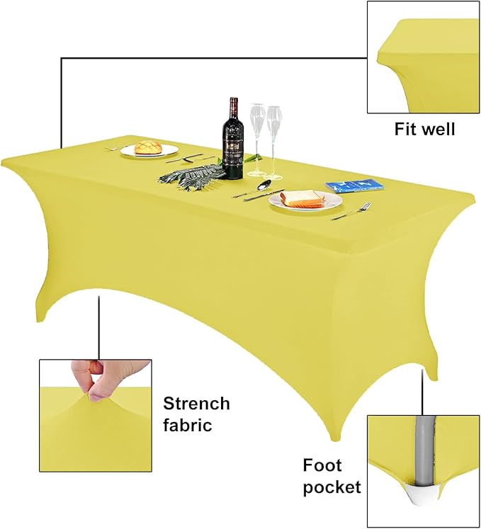 FORLIFE 2Pack Spandex Table Covers，Fitted Tablecloth for Rectangular Tables, Stretch Patio Table Covers, Universal Spandex Table Cover for Wedding, Banquet, Party (6ft, Yellow)