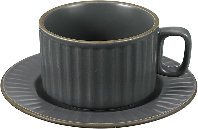 uxcell Handmade Vintage Espresso Cups, 8 oz Coffee Cups and Saucers Ceramic Tea Cup with Handle Dishwasher and Microwave Safe for Latte Cappuccino Milk Office Home Gifts, Gray