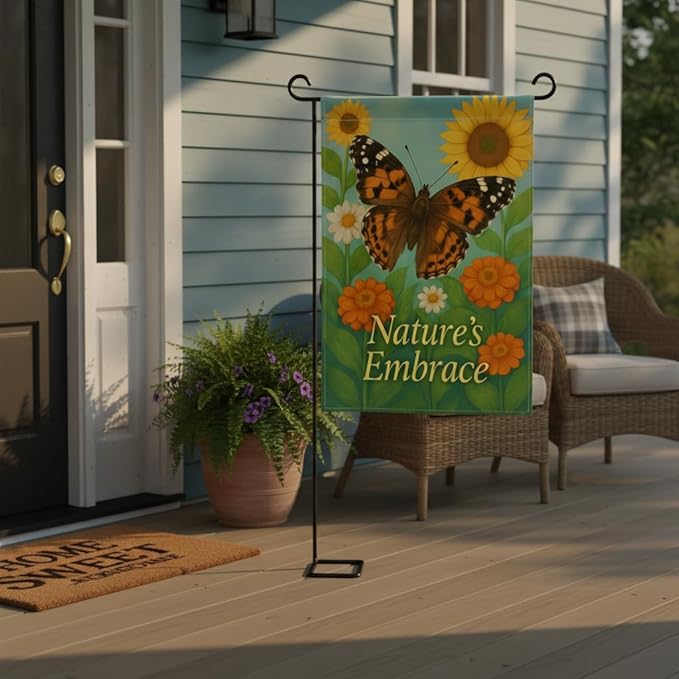 FLAGMEUP8386 Welcome Butterfly Garden Flag 12x18 Inch Double-Sided Polyester Fall Flag with Monarch and Painted Lady, Sunflowers and Orange Blooms, “Nature’s Embrace Quote Outdoor Decoration