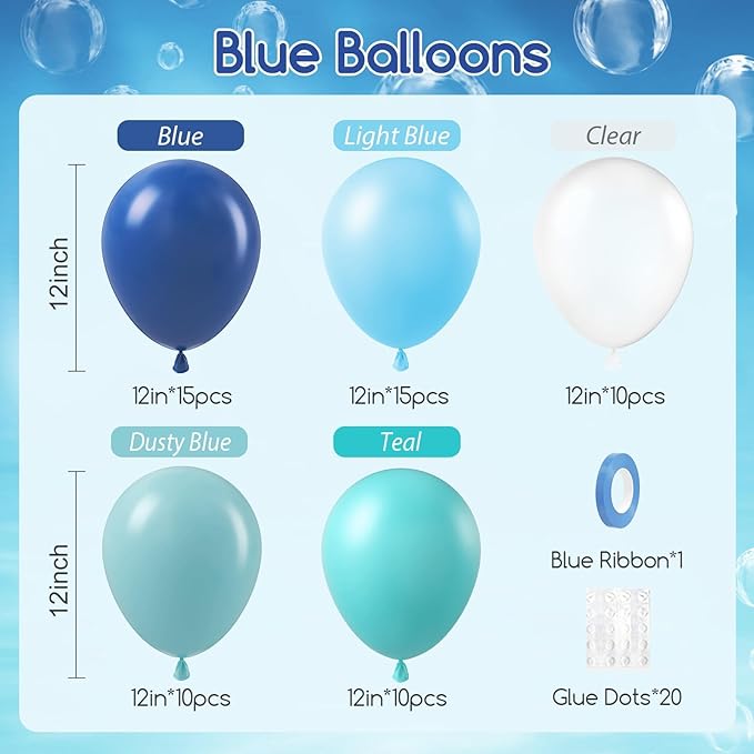 60pcs Under the Sea Balloons, Ocean Balloon with Light Blue Dusty Blue Teal Clear Balloons for Ocean Themed Under the Sea Baby Shower Birthday Party Decorations