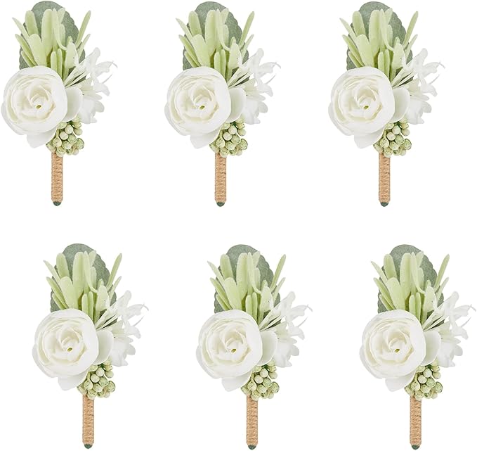 Meldel Ivory & Greenery Homecoming Boutonniere, White Boutonniere for Men Wedding, Set of 6, Groom Groomsmen Man Boutonniere for Wedding Ceremony Anniversary, Party Fall Vintage Wedding Prom