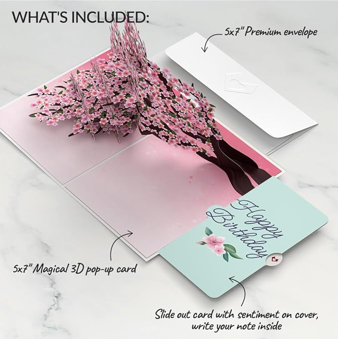 Lovepop Birthday 3D Pop-Up Card with Slide-out Note & Premium Envelope - Cherry Blossom Branches in Bloom