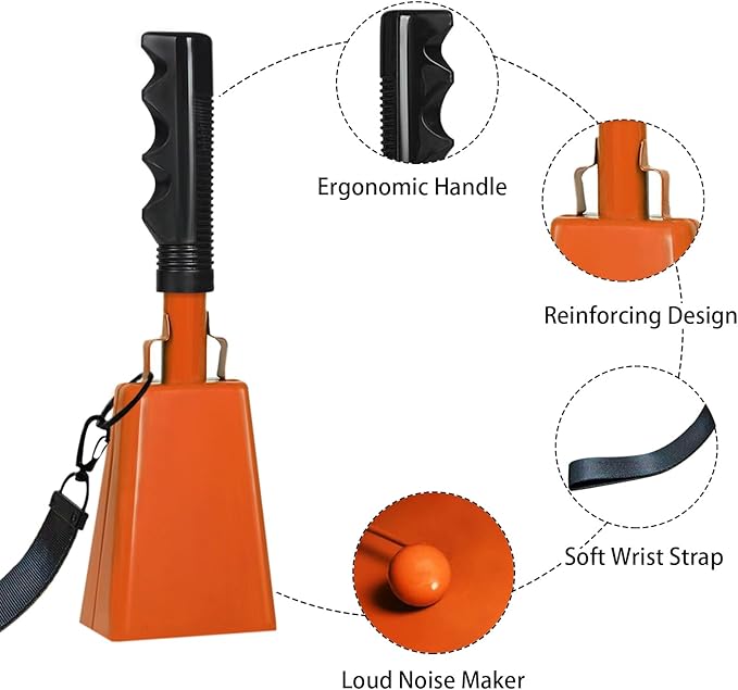 10Inch Cowbells with Handle for Sporting Events, 2Pcs Large Cow Bells with Wrist Straps, Loud Noise Makers for Cheering Football Games Spirit Marathon Weddings Party Noisemakers, Orange