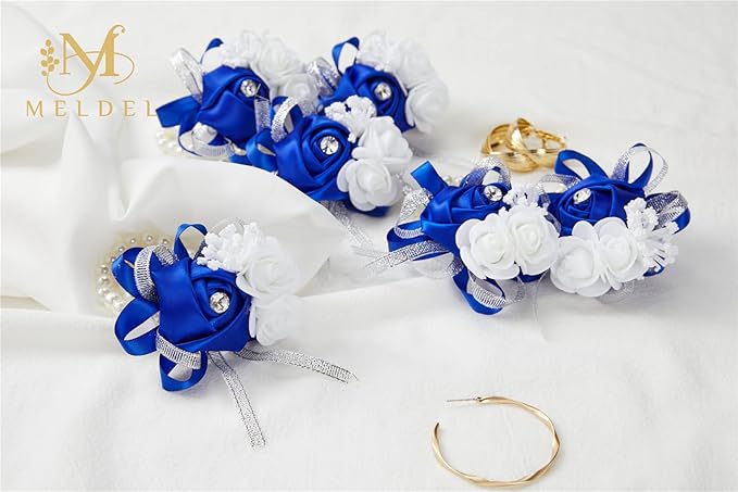 Meldel Rose Royal Blue Wrist Corsages for Prom, Set of 2, Wrist Corsages for Wedding Bridal Bridesmaid Girl Mother Women, Hand Flower for Wedding Formal Dinner Party Homecoming Ceremony Anniversary